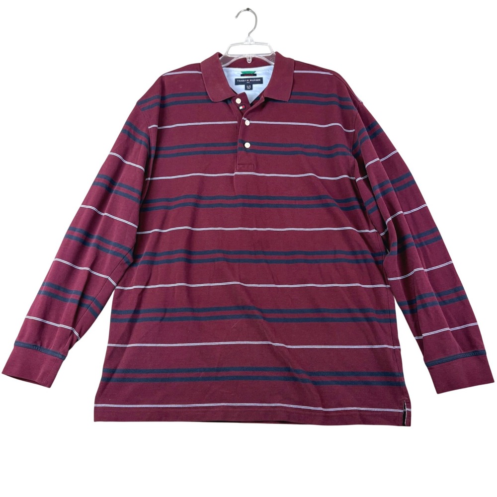 Tommy Hilfiger XL Burgundy Striped Long Sleeve Golf Polo Shirt Techno-Dry Preppy